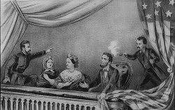 The assassination of Abraham Lincoln. From left to right: Henry Rathbone, Clara Harris, Mary Todd Lincoln, Lincoln, and Booth.