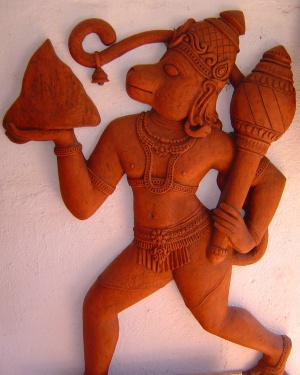 Sculpture of Hanuman carrying the Dronagiri mountain, sculpted in Terra cotta.