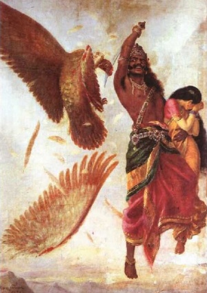 Ravana cuts Jatayu's wings, Raja Ravi Varma (1848-1906)